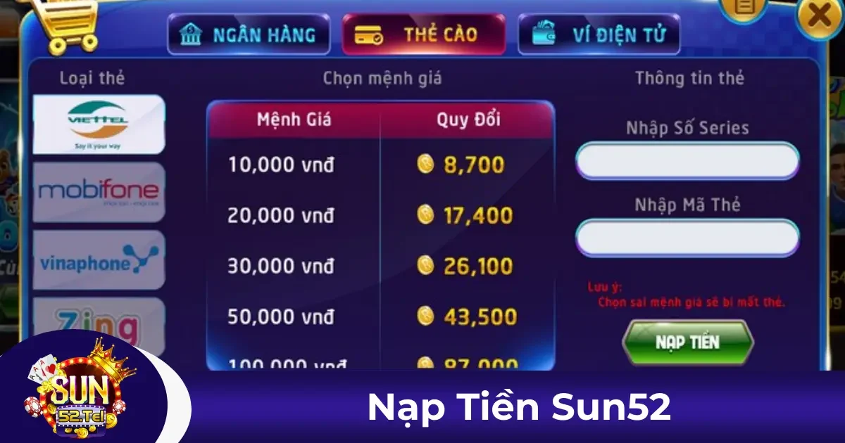 Các phương thức nạp tiền được hỗ trợ tại Sun52